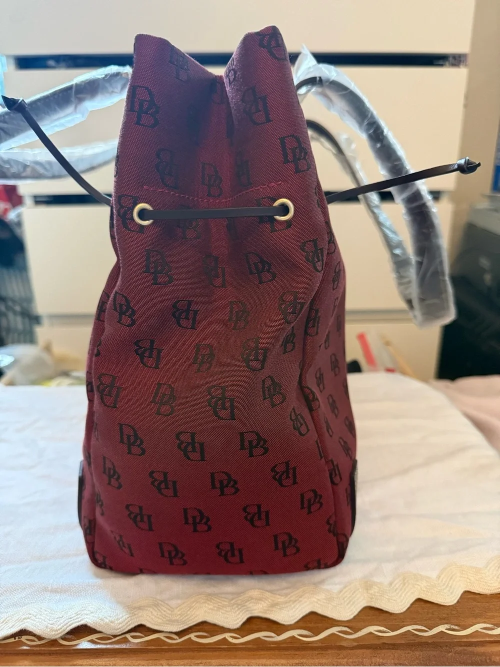 Dooney & Bourke Red Logo Canvas Tote with Brown Leather Trim